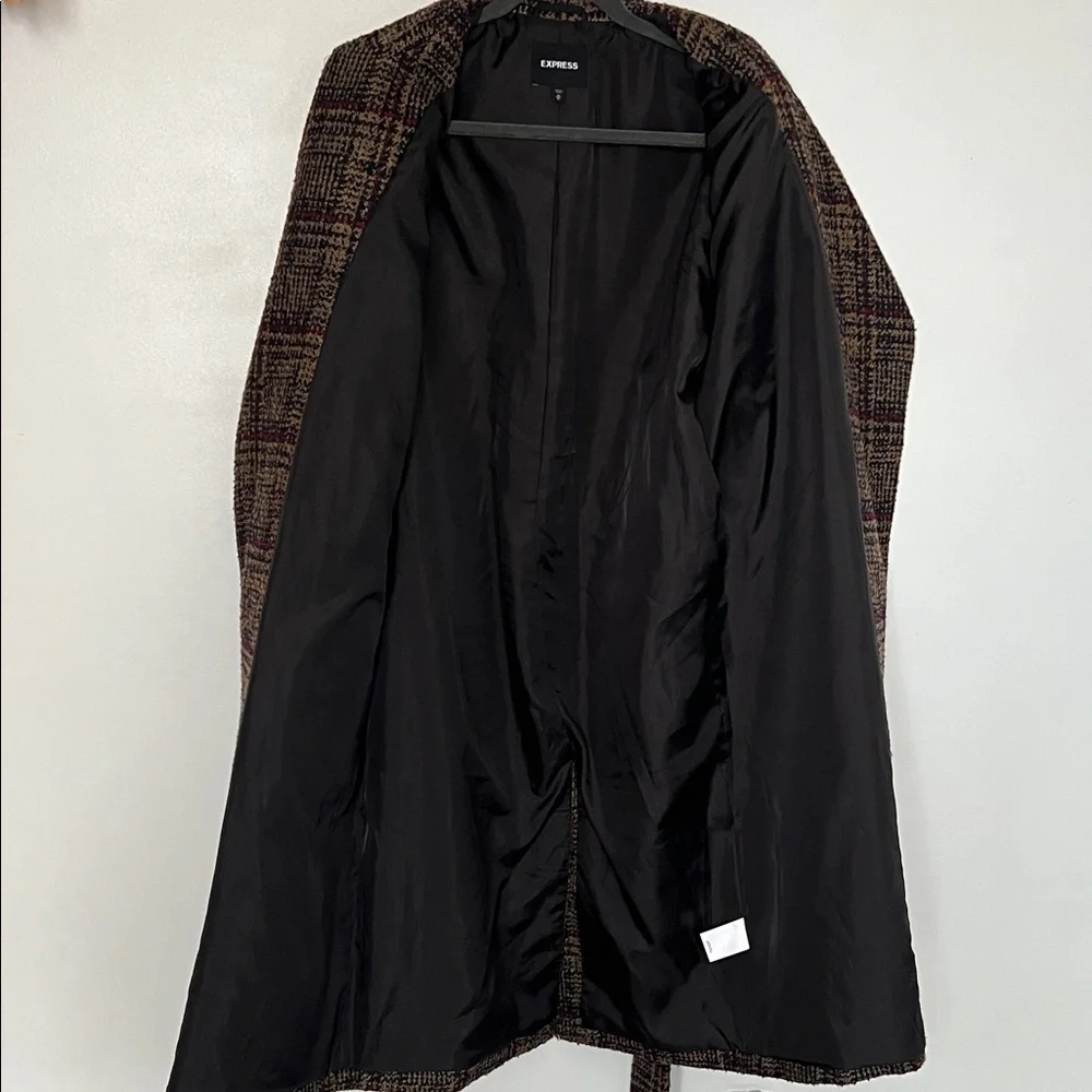 Express Tan Red Navy Tweed Plaid Coat - Picture 11 of 12